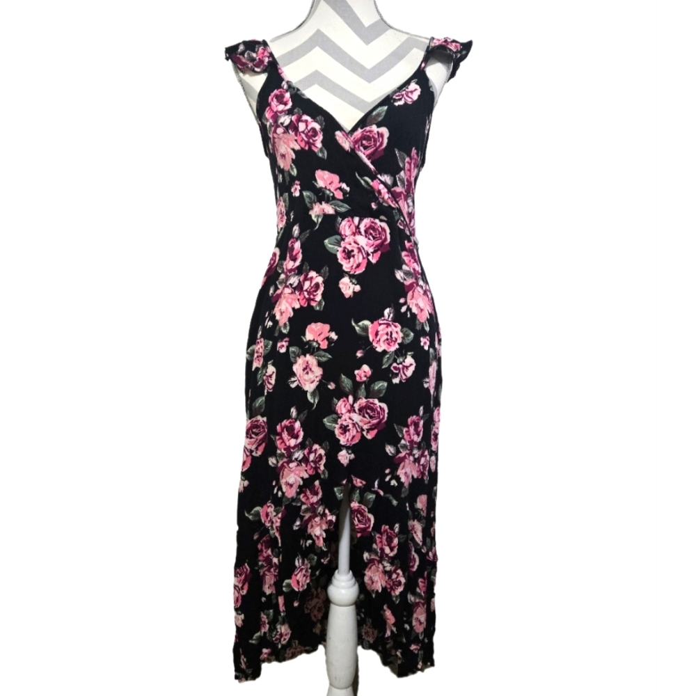Dark Floral Maxi Dress High-Low Black Pink Size XL Juniors